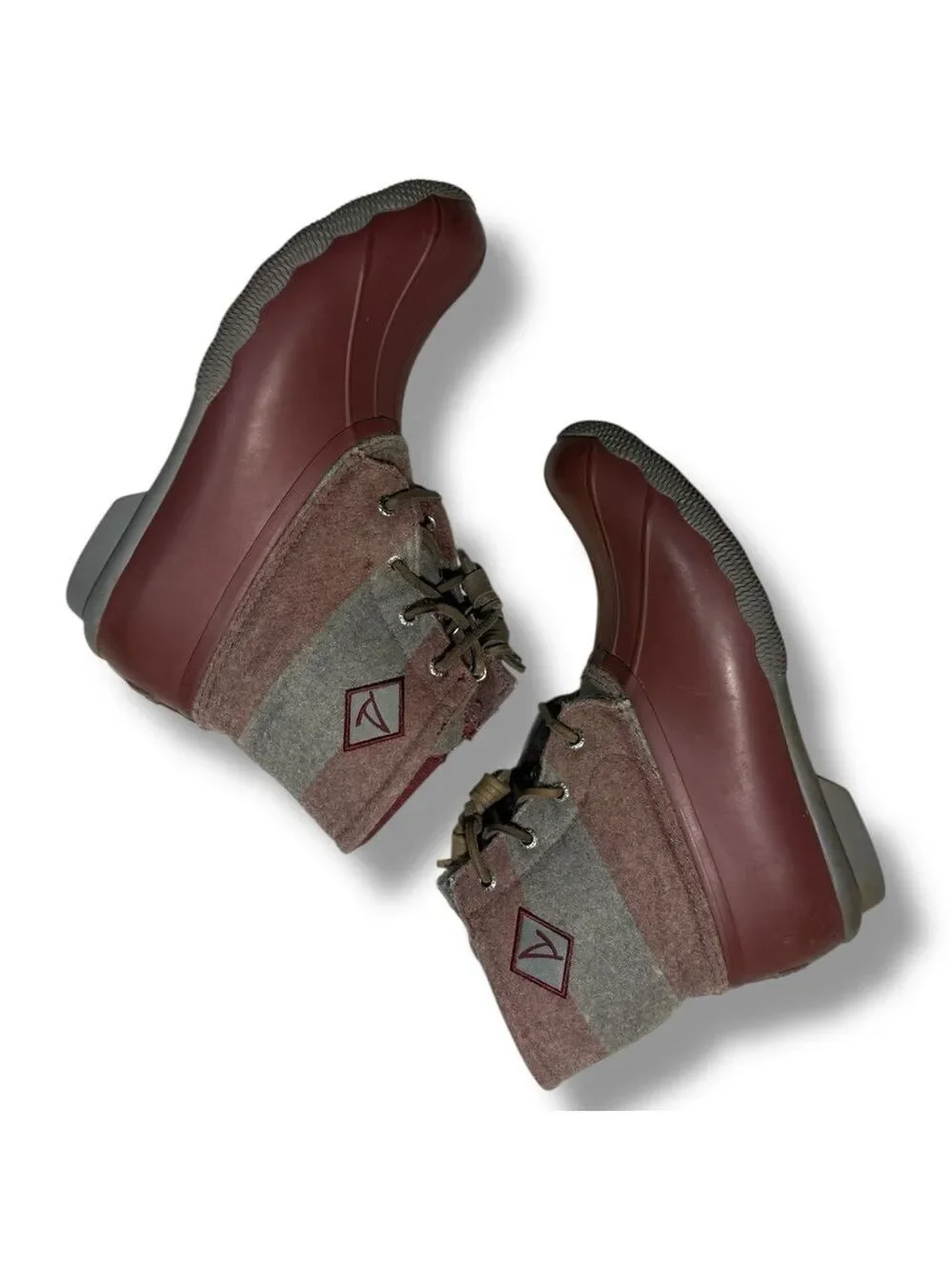 Sperry Women’s Saltwater Varsity Stripe Booties Maroon Grey Size 8
